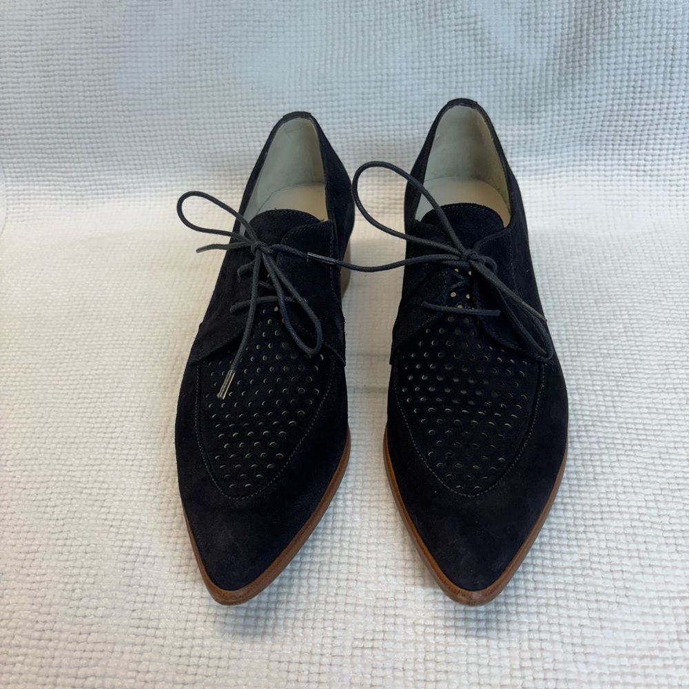 Navy Blue Suede Lace-Up Oxford Shoes